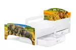 drewniane łóżko dziecięce smart 140/70 cm - słonie i lwy + 2 pojemniki/szuflady