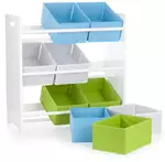 praktyczny regał  z kolorowymi pojemnikami