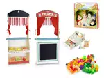 mega zestaw: drewniany teatrzyk i sklep 2 w 1 + kasa drewniana + pacynki + owoce