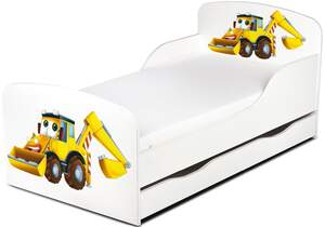 drewniane łóżko z szufladą 140/70 cm motyw: żółta koparka