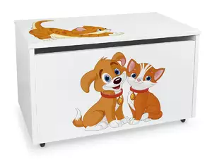 duża drewniana skrzynia na zabawki na kółkach - kot i pies