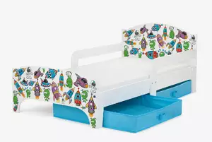 drewniane łóżko dziecięce smart 140/70 cm - ufo ludki + 2 pojemniki/szuflady
