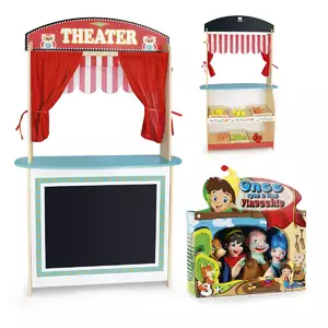 drewniany teatrzyk i sklep 2 w 1 + pacynki "pinokio"