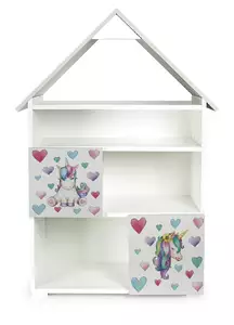 biało - szary regał z 6 przegródkami - mała chatka  z nadrukiem jednorożca