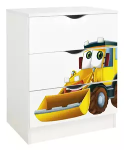 biała komoda z szufladami roma /nadruk żółta koparka/