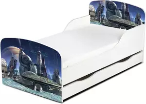 drewniane łóżko z materacem i szufladą 140/70 cm motyw:  port kosmiczny