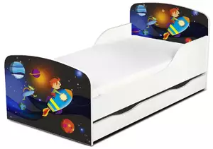 drewniane łóżko z materacem i szufladą 140/70 cm motyw: rakieta kosmiczna