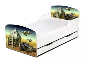 drewniane łóżko z materacem i szufladą 140/70 cm motyw: kosmiczny łazik