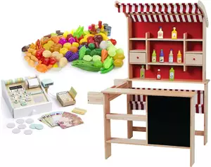 mini market - drewniany sklep do zabawy + art. spożywcze + kasa