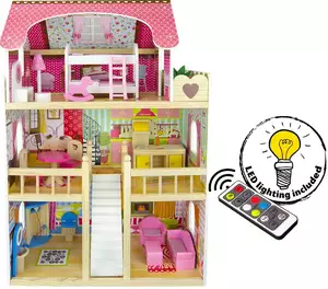 rezydencja - wielki drewniany domek dla lalek +4 laleczki + oświetlenie led