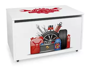 duża drewniana skrzynia na zabawki na kółkach - auto serwis