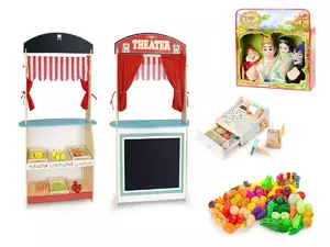 mega zestaw: drewniany teatrzyk i sklep 2 w 1 + kasa drewniana + pacynki + owoce