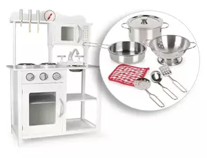 drewniana kuchnia  white classic + zestaw garnków z akcesoriami