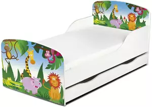 drewniane łóżko z materacem i szufladą 140/70 cm motyw: dżungla